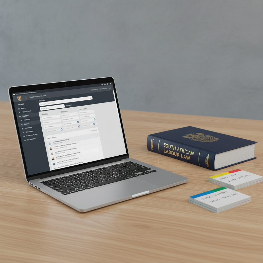 A sleek, minimalist workstation featuring a thin, silver laptop on a tidy oak desk, its screen displaying a complex labour law case search interface with filters for sectors, remedies, and time periods. Beside it lies a thick, navy-blue South African Labour Law reference volume with embossed gold lettering, and a neat stack of color-coded index cards labeled with case citations. Cool, even studio lighting creates crisp highlights on the laptop’s metal edges and a subtle sheen on the book cover. Photographic realism, captured from a slightly elevated angle, with a clean, softly blurred grey background that emphasizes efficiency, precision, and advanced legal research.